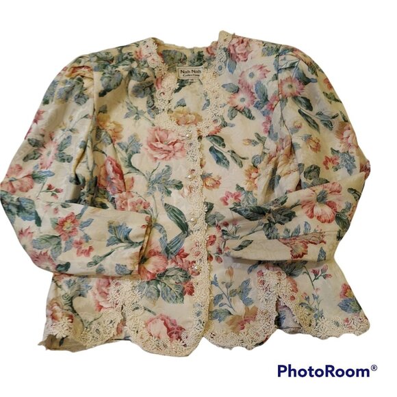 VTG Nah Nah Nah Blouse womens 18 Pastel Lace scalloped neck Floral Cottage Core - Picture 3 of 11